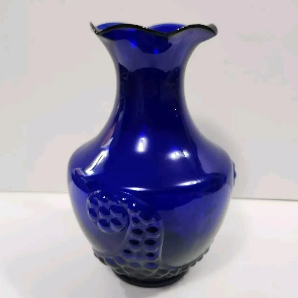 Vtg Lg Vase Deep Cobalt Blue 9” Tall Bubble Grape Design Ruffled Top Hour Glass